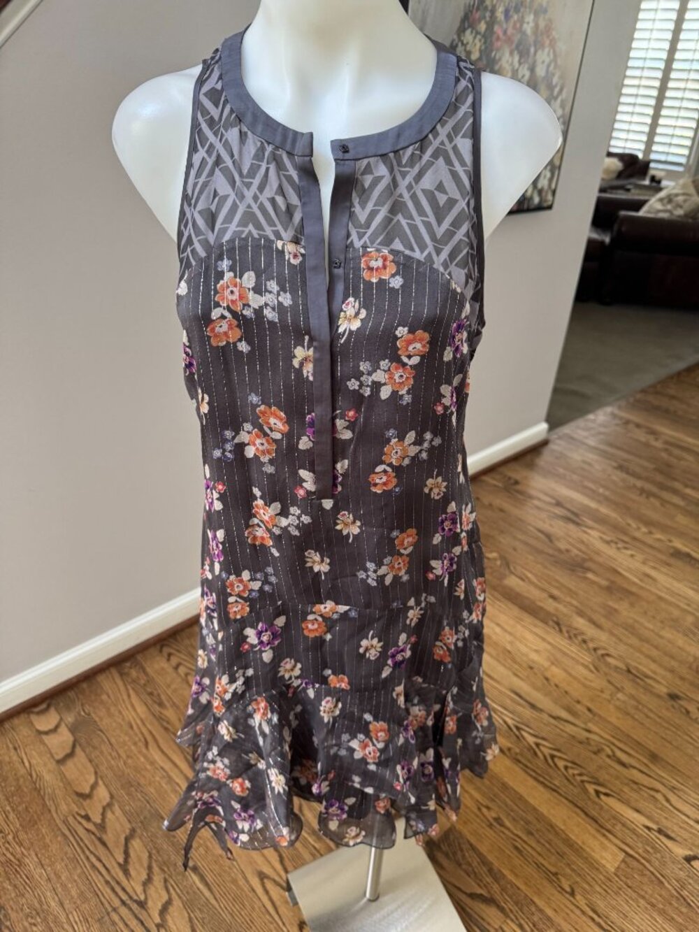 Rebecca Taylor Silk Runaway Henley Floral Print Mini Dress Size 6